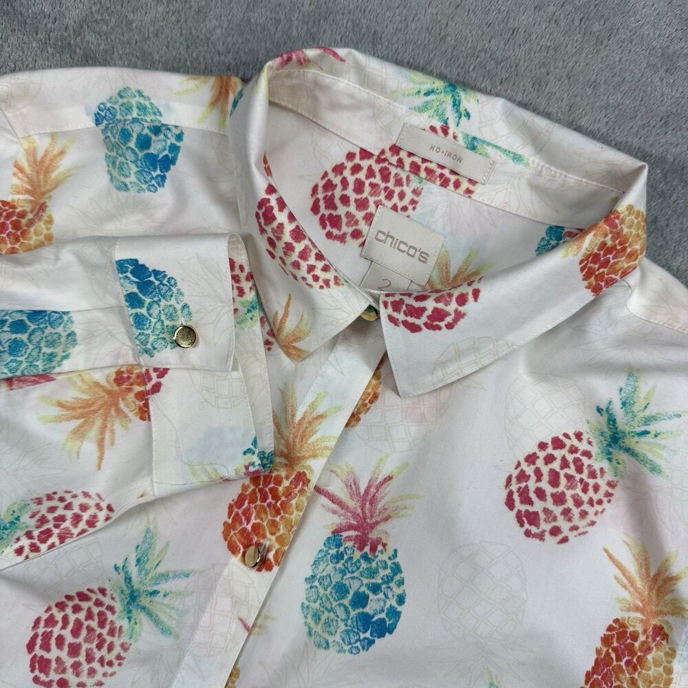 Chicos No Iron Button Up Shirt Women's 2 Cream Cotton Pineapple Roll Tab Sleeve
